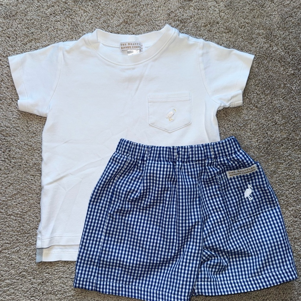 Beaufort Bonnet Company White T-Shirt and Blue Checkered Shorts Set. Size 3T.